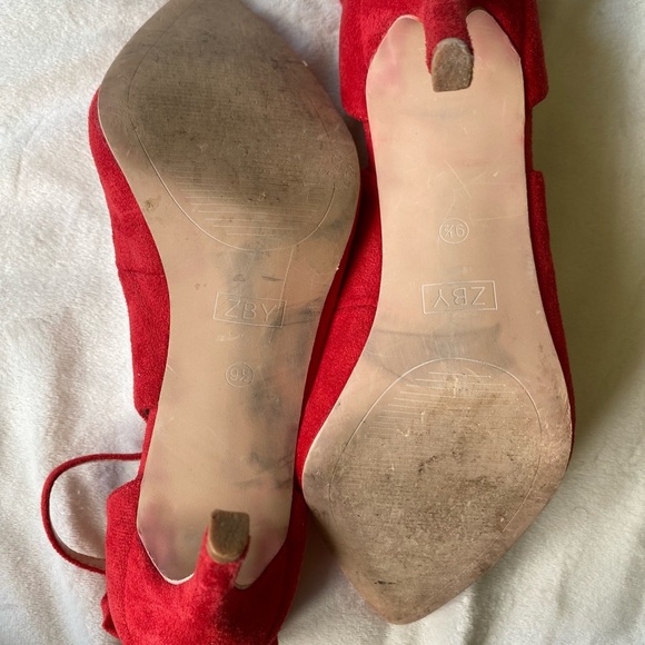 Red Suede Pointy Toe Heels with Ankle Bow - Picture 6 of 7